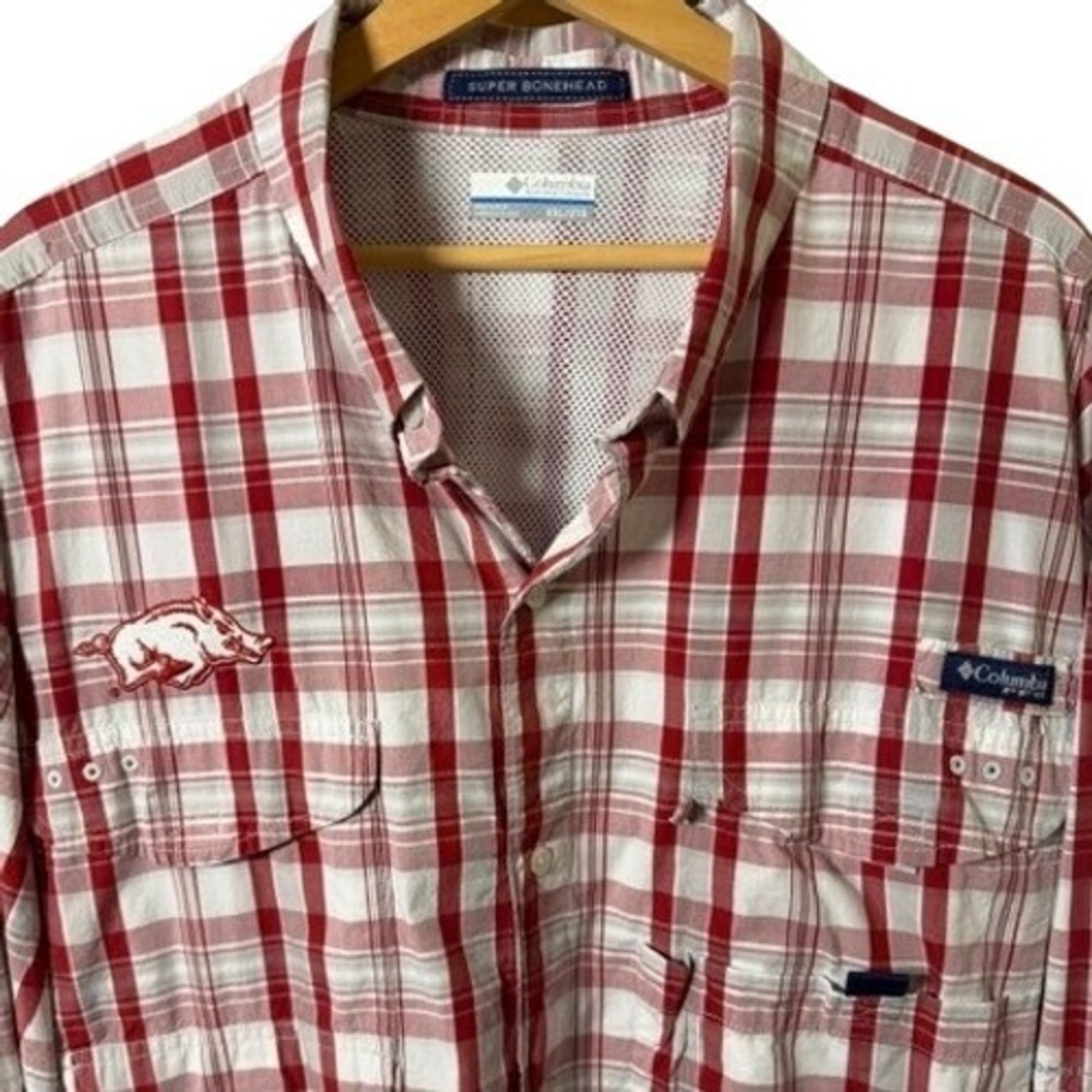 Columbia Arkansas Razorbacks Shirt Mens 2XL Red Plaid Super Bonehead PFG LS - Picture 7 of 11
